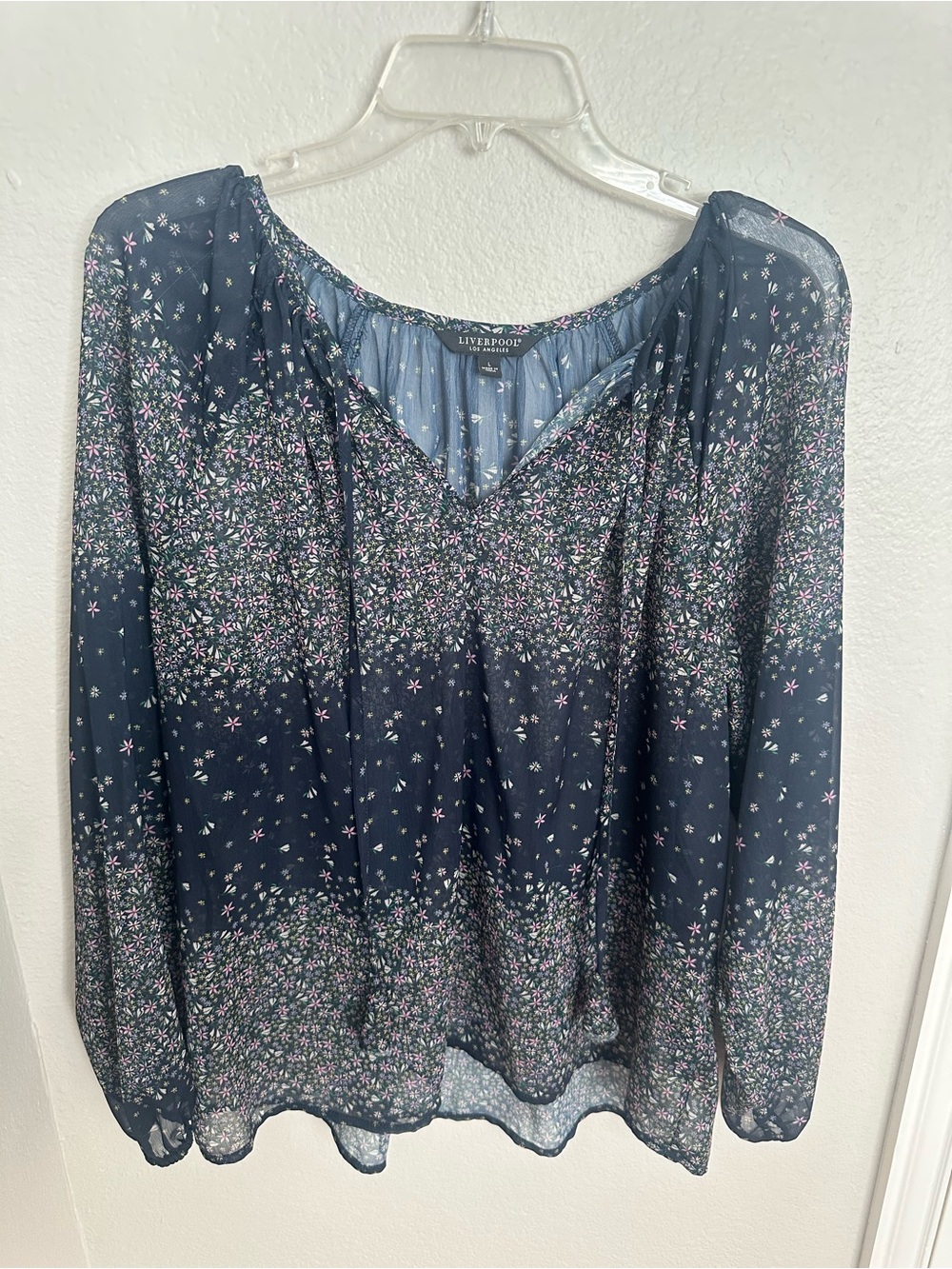 Liverpool Sheer Navy Floral V-Neck Long Sleeve Blouse - Size L